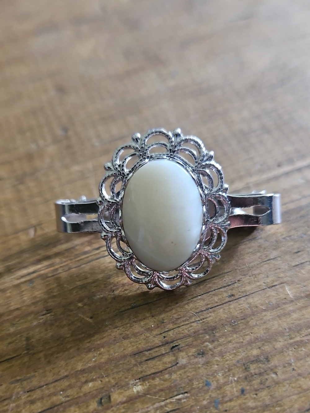Vintage Silver-Tone with Cream Oval Stone Scarf Holder. Open To Feed Scarf